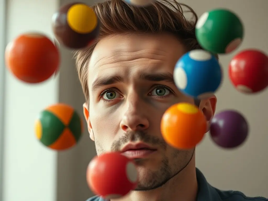 A juggler skillfully manipulating multiple objects in the air, demonstrating precision and focus.