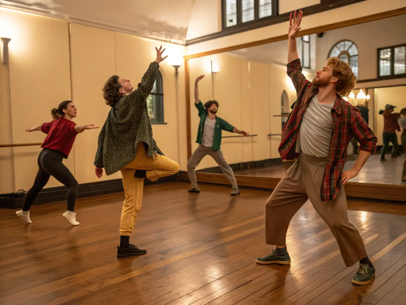 A group of performers practicing acrobatic moves in a brightly lit studio, showcasing their flexibility and coordination.