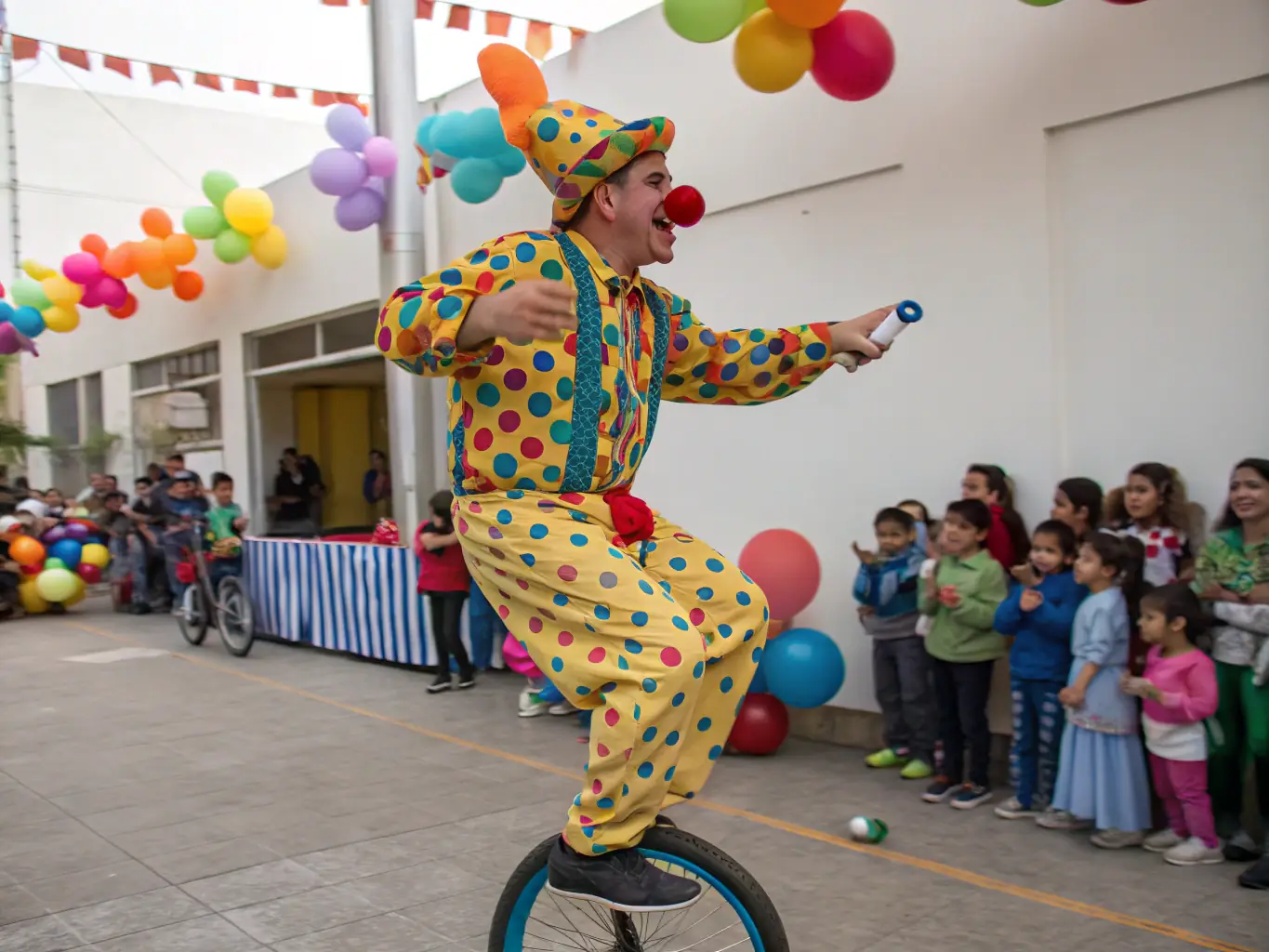 A clown interacting with an audience, creating laughter and joy through physical comedy and improvisation.