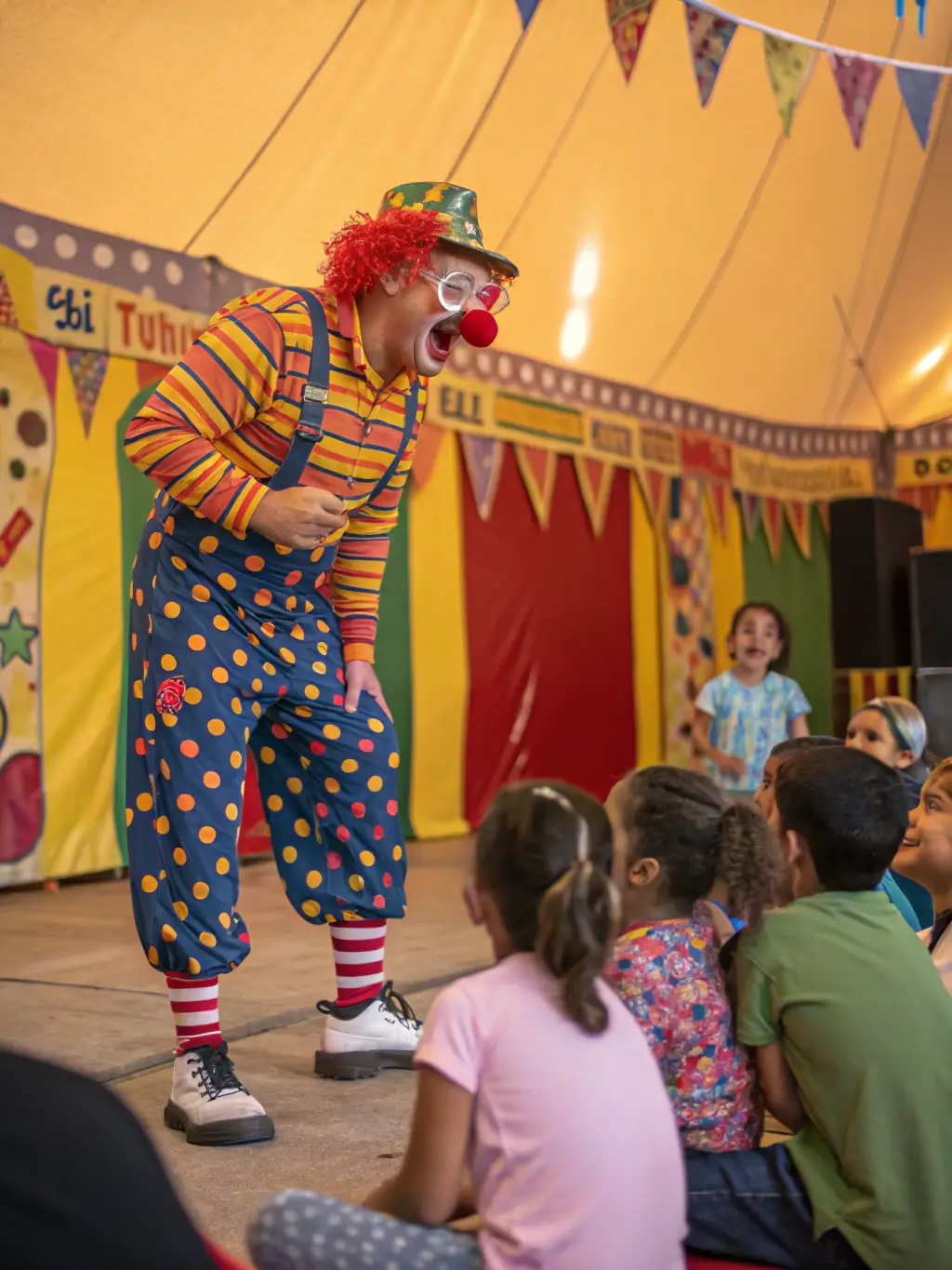 A close-up shot of a clown interacting with the audience during a show, capturing the joy and laughter that the association brings to its performances.