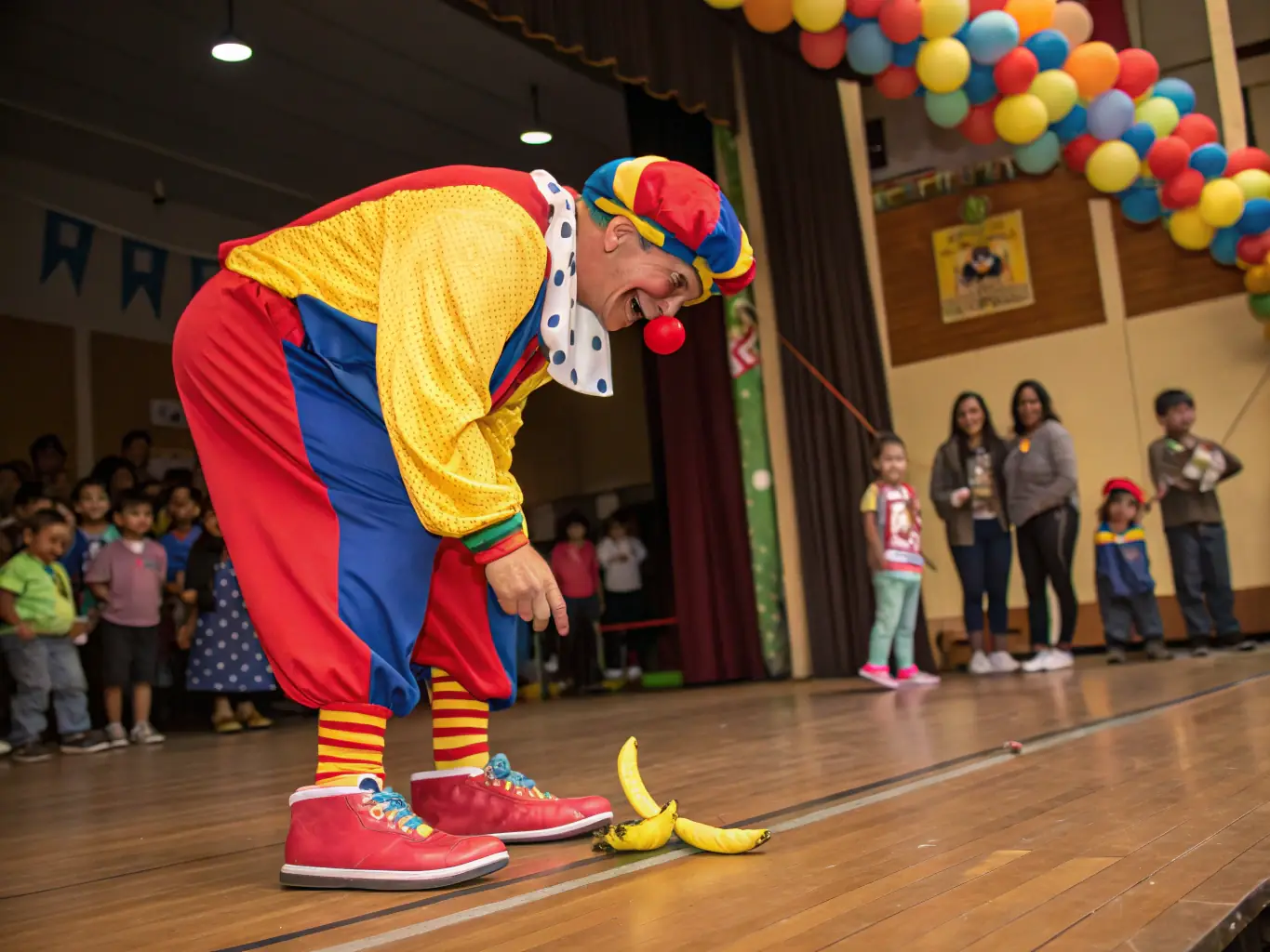 A heartwarming image of a clown interacting with children, creating laughter and joy, set in a community event organized by COMPAGNIE SENS DESSUS-DESSOUS, with colorful decorations and a festive atmosphere.