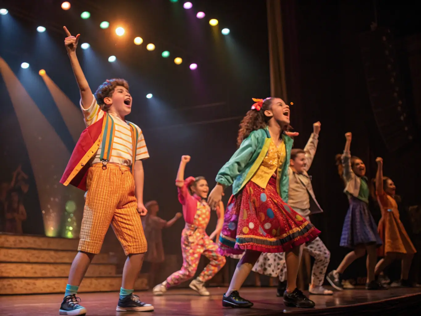 A dynamic image showcasing a group of performers engaged in a collaborative acrobatics workshop, with participants of varying ages and skill levels, set in a brightly lit studio with circus equipment visible in the background.