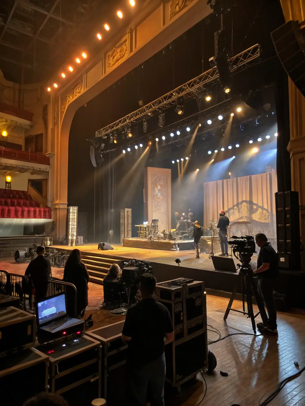 A behind-the-scenes photo of the technical team setting up the stage for a performance, emphasizing the importance of technical production in the association's work.