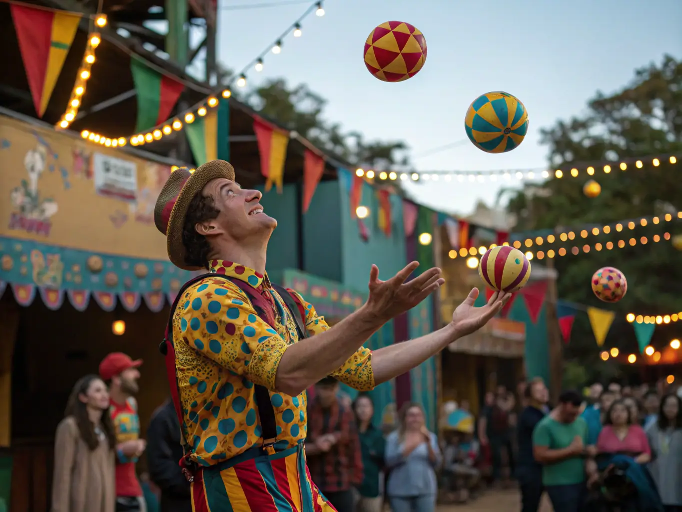 A captivating image of a juggler performing with multiple objects, showcasing skill and precision, with a blurred background of an appreciative audience at a COMPAGNIE SENS DESSUS-DESSOUS event.