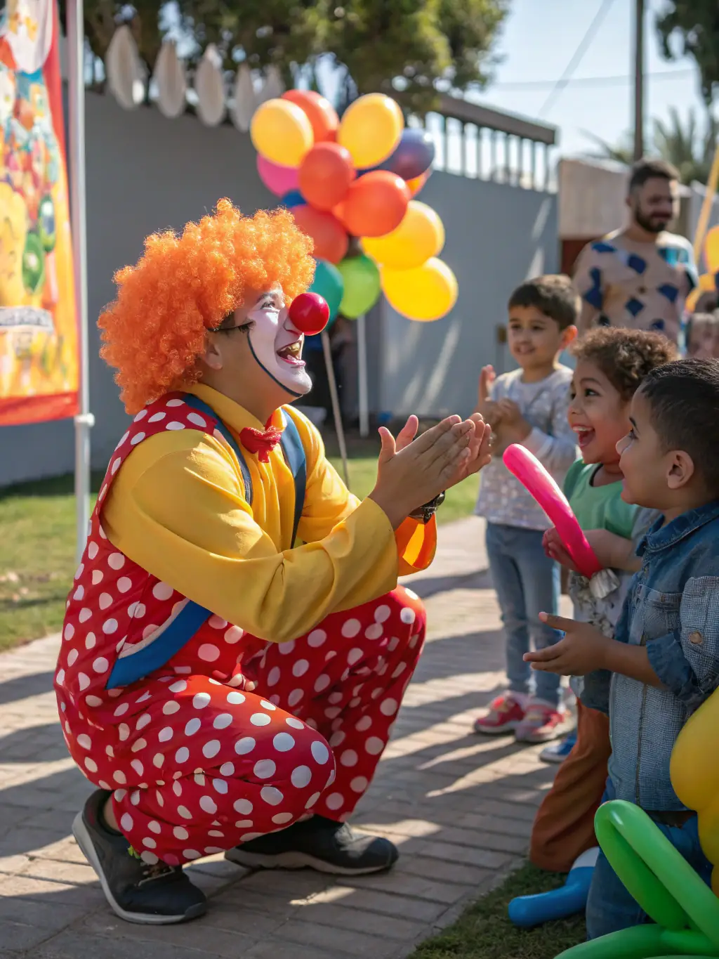 A photo of a group of circus performers interacting with children during a community outreach program, showcasing the association's commitment to public engagement.